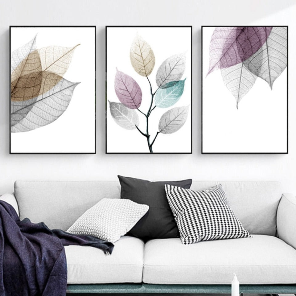 Skandinavisk abstrakt transparent blad veggkunst på lerret