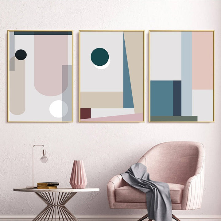 Minimalistisk Abstrakt Geometrisk Pink Blå - Lerret Veggkunst Maleri