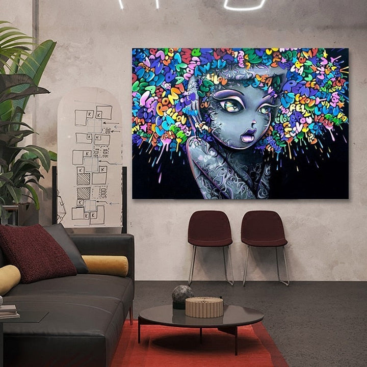 Vakre jente Graffiti Kreativt hår - Lerret veggkunst Maleri | Skanto