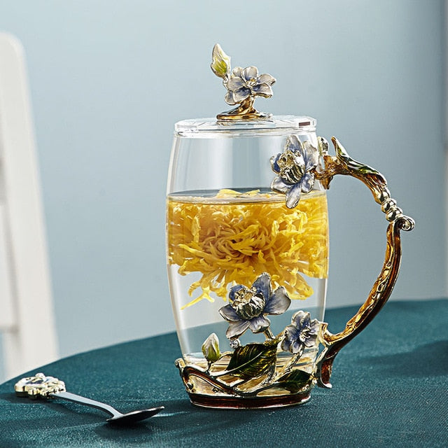 Skanto | Håndlagd emalje blomster glasskrus for par kjærlighetsgave kan servere kaffe, smaksatt te eller til og med sitronsaft i