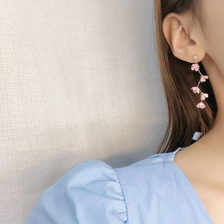 Skanto | Lange rhinestone krystall rosa sakura blomst med zircon klips øredobber