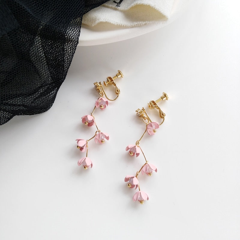 Skanto | Lange rhinestone krystall rosa sakura blomst med zircon klips øredobber