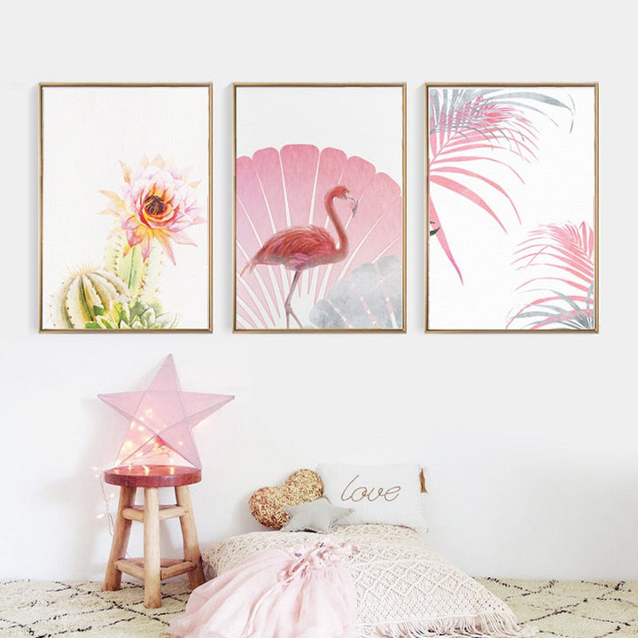 Pink Flamingo Flowers Jente - Lerret Veggkunst Maleri
