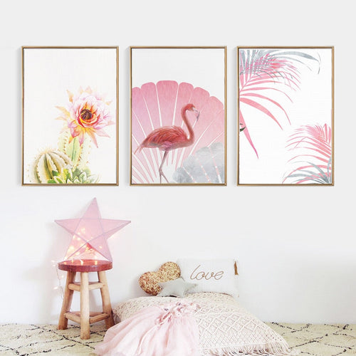 Pink Flamingo Flowers Jente - Lerret Veggkunst Maleri