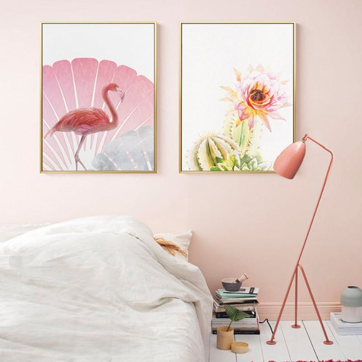 Pink Flamingo Flowers Jente - Lerret Veggkunst Maleri
