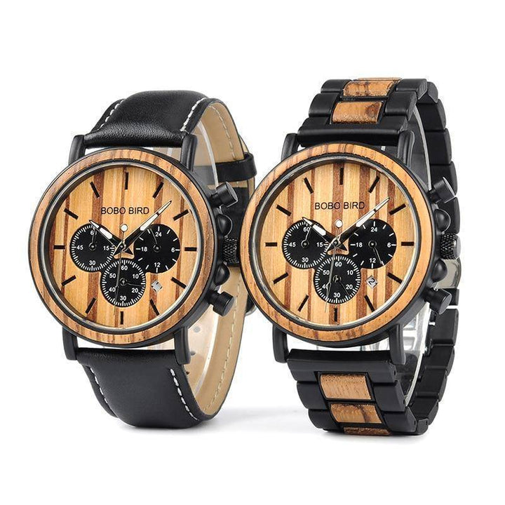 Skanto | Tre og Rustfritt Stål Treklokke m/ Luminous Hender Herre Quartz Klokke