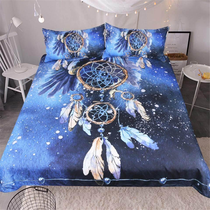 Skanto | 3PCS Drømmefanger Fjær Blå Print Duvet Trekk Sengetøy Sett