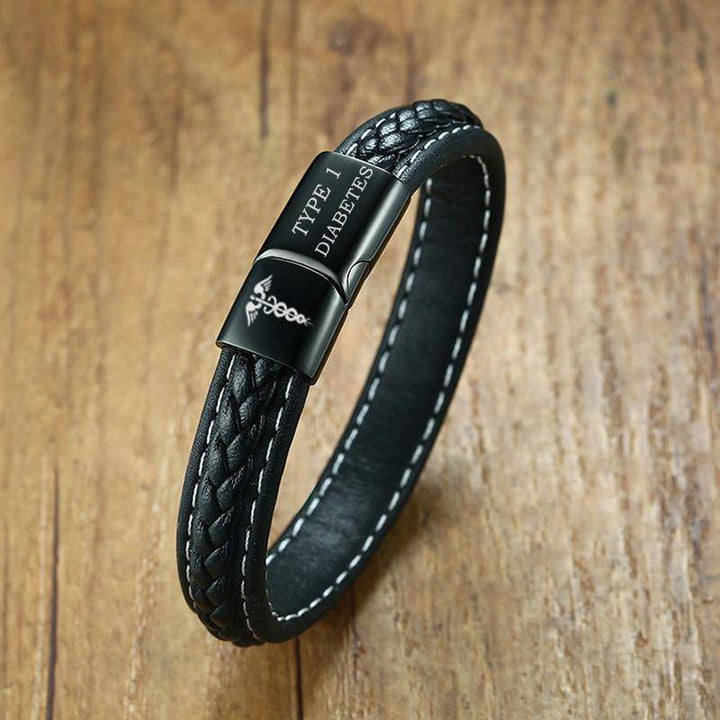 Skanto | Herre Diabetisk Medisinsk Advarsel ID Armbånd - Sytt Svart Skinn - For Type 1 og Type 2 Diabetes