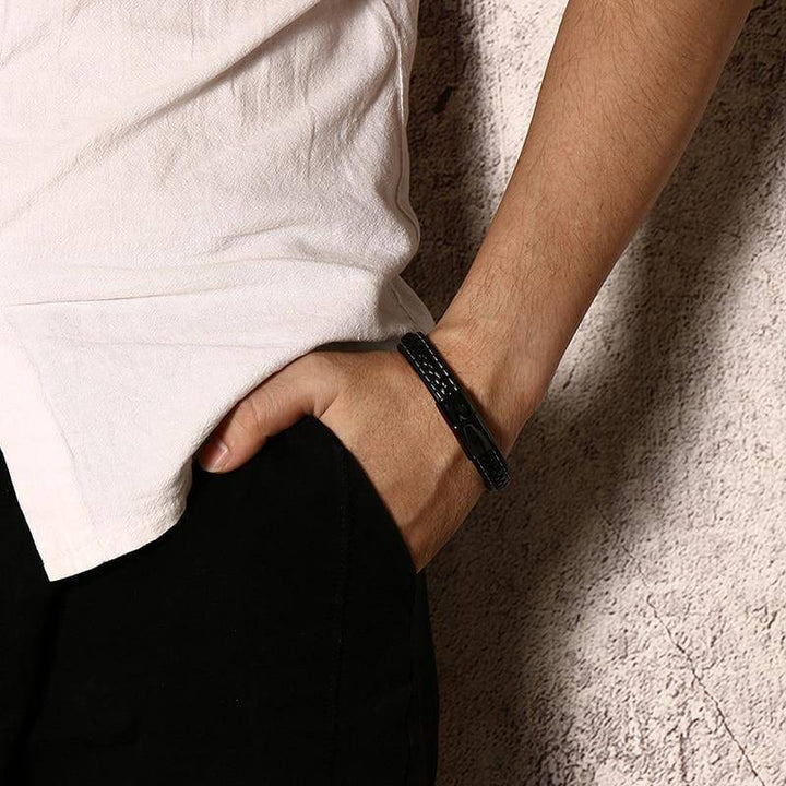 Skanto | Herre Diabetisk Medisinsk Advarsel ID Armbånd - Sytt Svart Skinn - For Type 1 og Type 2 Diabetes