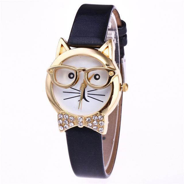 Skanto | Attraktiv Funky Briller Katt Med Pyntede Stener Og Ekte Lær Armbånd Klokke For Kvinner
