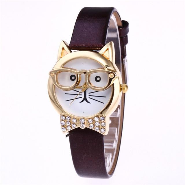 Skanto | Attraktiv Funky Briller Katt Med Pyntede Stener Og Ekte Lær Armbånd Klokke For Kvinner