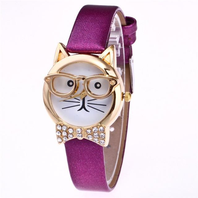 Skanto | Attraktiv Funky Briller Katt Med Pyntede Stener Og Ekte Lær Armbånd Klokke For Kvinner