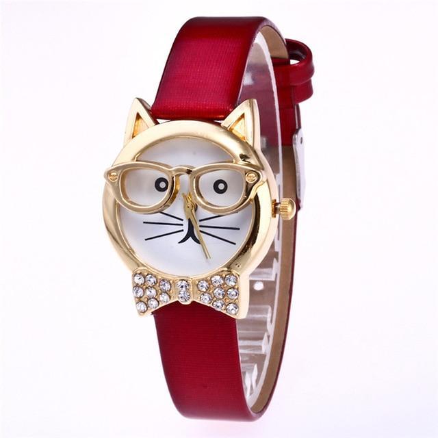 Skanto | Attraktiv Funky Briller Katt Med Pyntede Stener Og Ekte Lær Armbånd Klokke For Kvinner
