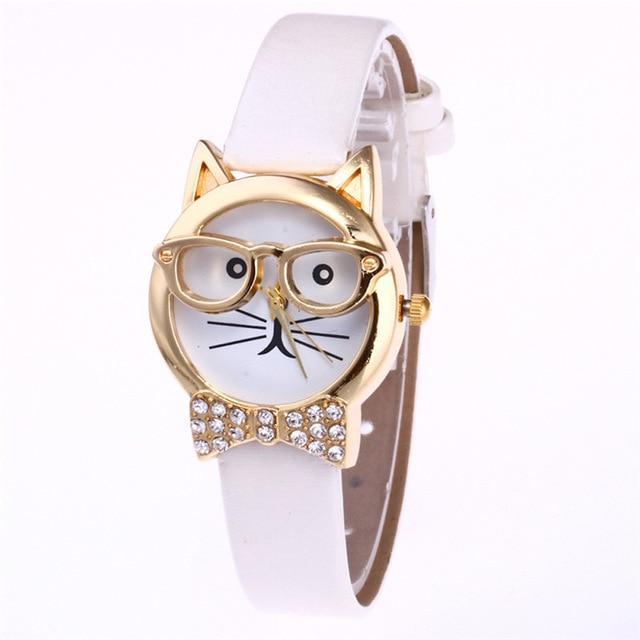 Skanto | Attraktiv Funky Briller Katt Med Pyntede Stener Og Ekte Lær Armbånd Klokke For Kvinner