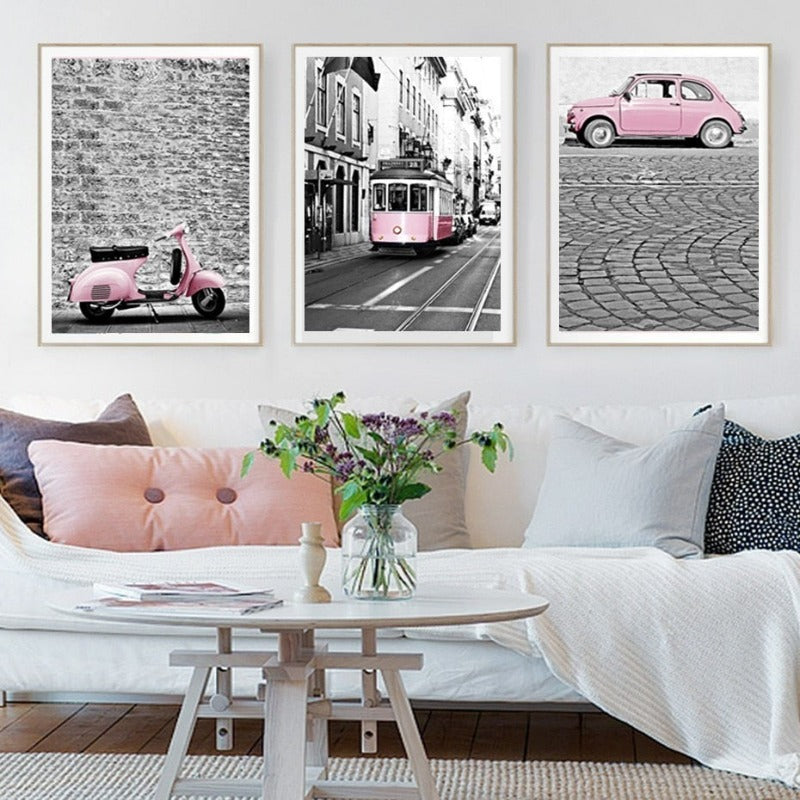 Bylandskap Rosa Bil-Canvas Veggkunst Maling | Skanto