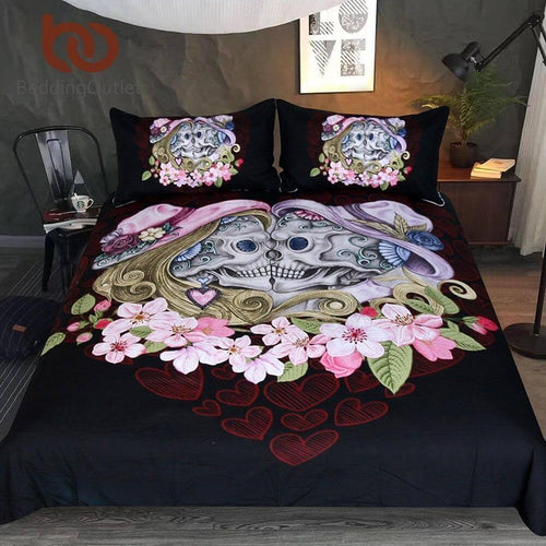 Skanto | 3pcs Gothic Couple Skull Pink Komfortabel Dyneforheng Sengetøy sett