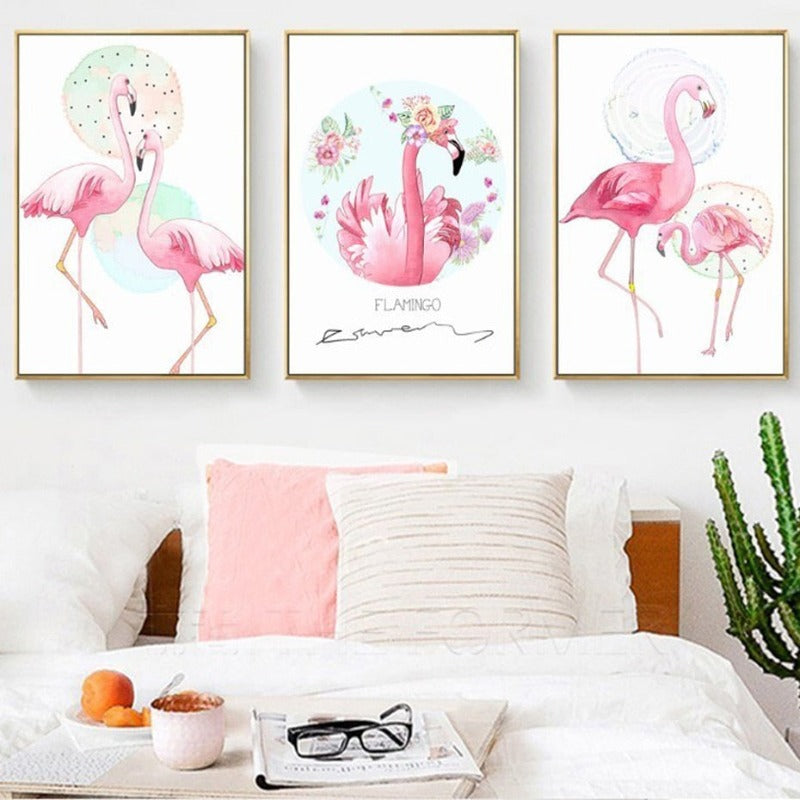 Pink Flamingo Dyr Blomster Plakat - Lerret Veggkunst Maleri