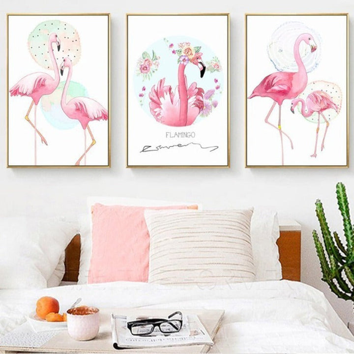 Pink Flamingo Dyr Blomster Plakat - Lerret Veggkunst Maleri