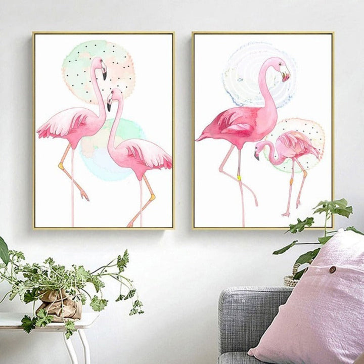 Pink Flamingo Dyr Blomster Plakat - Lerret Veggkunst Maleri