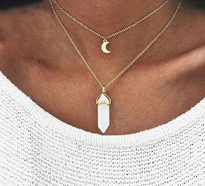 Multi Layered Moon & Crystal Drop Pendant Necklace | Skanto