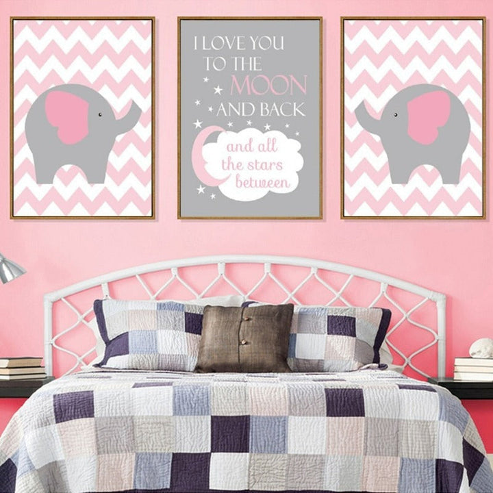 Nordisk tegneserieelefant med rosa måne - lerretbilde