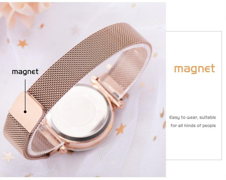 Skanto | Fasjonabel Unik Mesh Magnet Spenne Eksotisk Stjernespekket Diamant Designer Luksus Dameklokke