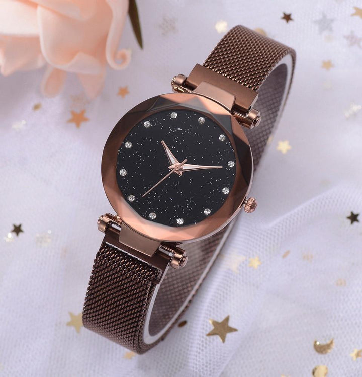 Skanto | Fasjonabel Unik Mesh Magnet Spenne Eksotisk Stjernespekket Diamant Designer Luksus Dameklokke