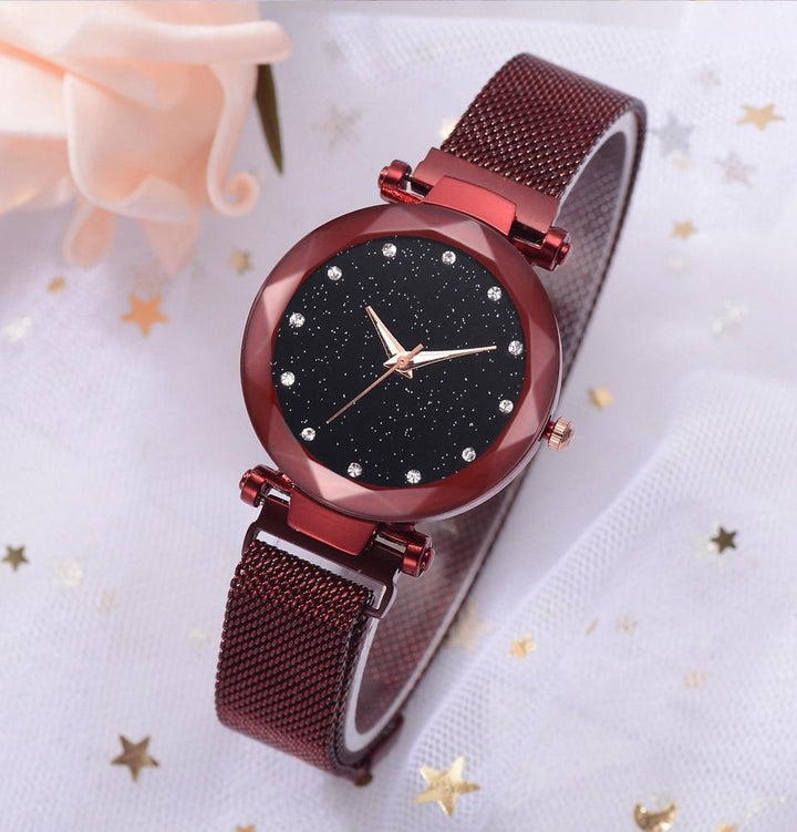 Skanto | Fasjonabel Unik Mesh Magnet Spenne Eksotisk Stjernespekket Diamant Designer Luksus Dameklokke