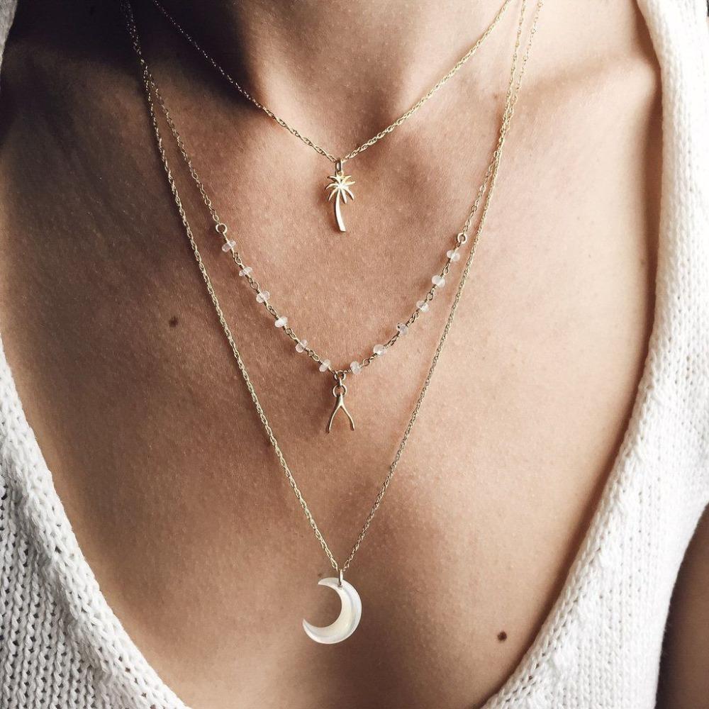 Multi Lagd Boho Kokosnøtt Tre, Ønskeben, Måne Anheng Halskjede | Skanto
