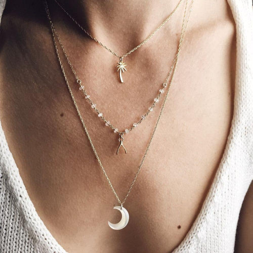 Multi Lagd Boho Kokosnøtt Tre, Ønskeben, Måne Anheng Halskjede | Skanto