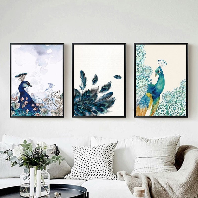 Vakre påfugl dyr blomster plakat - lerret veggkunst maleri | Skanto