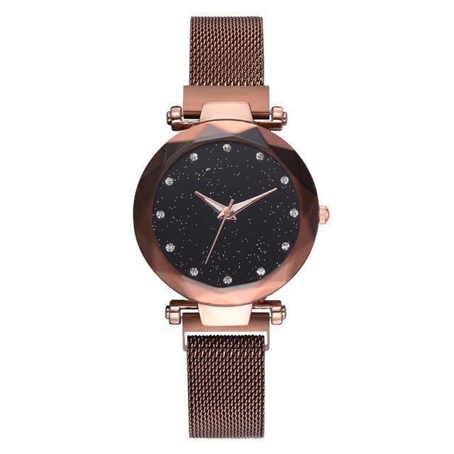 Skanto | Fasjonabel Unik Mesh Magnet Spenne Eksotisk Stjernespekket Diamant Designer Luksus Dameklokke
