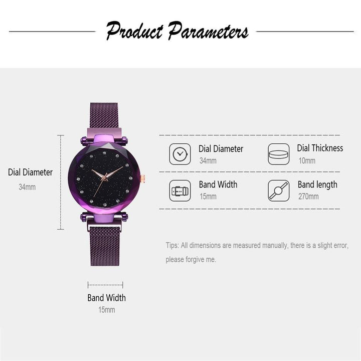 Skanto | Fasjonabel Unik Mesh Magnet Spenne Eksotisk Stjernespekket Diamant Designer Luksus Dameklokke
