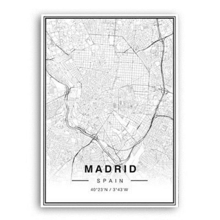 Svart-hvitt Madrid bykart Breddegrad Lengdegrad trykk Plakat | Skanto