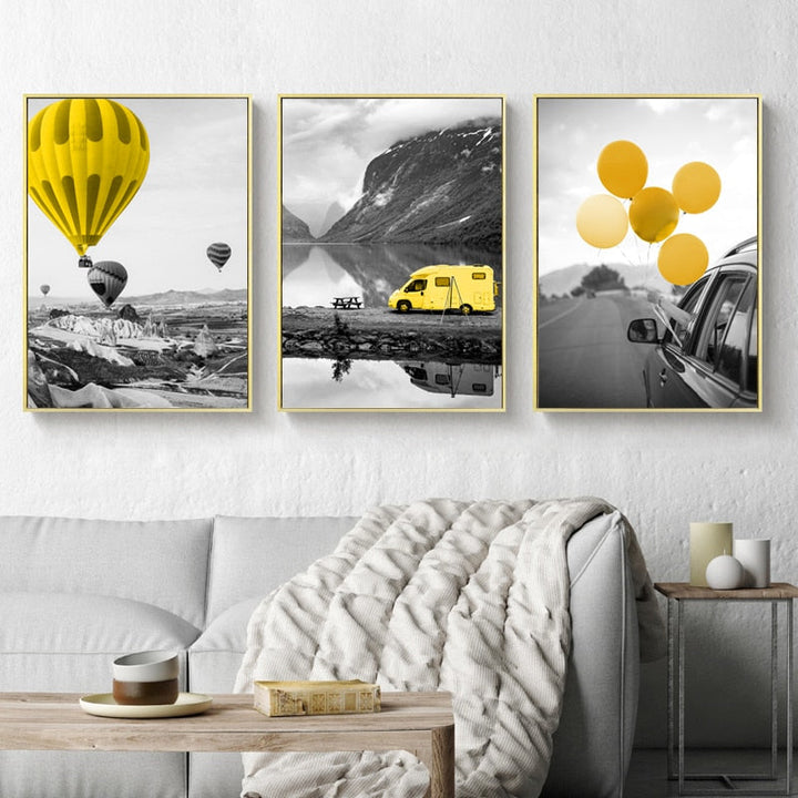 Moderne Reiseplakat Gult Ballong - Lerret Veggkunst Maleri