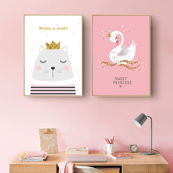 Moderne rosa prinsesse enhjørning plakat - lerretsveggkunstmaleri