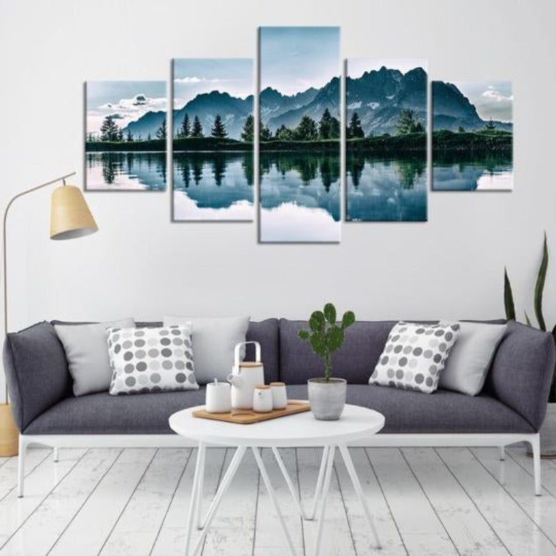 Berge Sjø Tre Landskap - Lerret Veggkunst Maleri