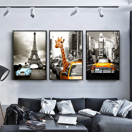 Car City Giraffe - Lerret Veggkunst Maleri | Skanto