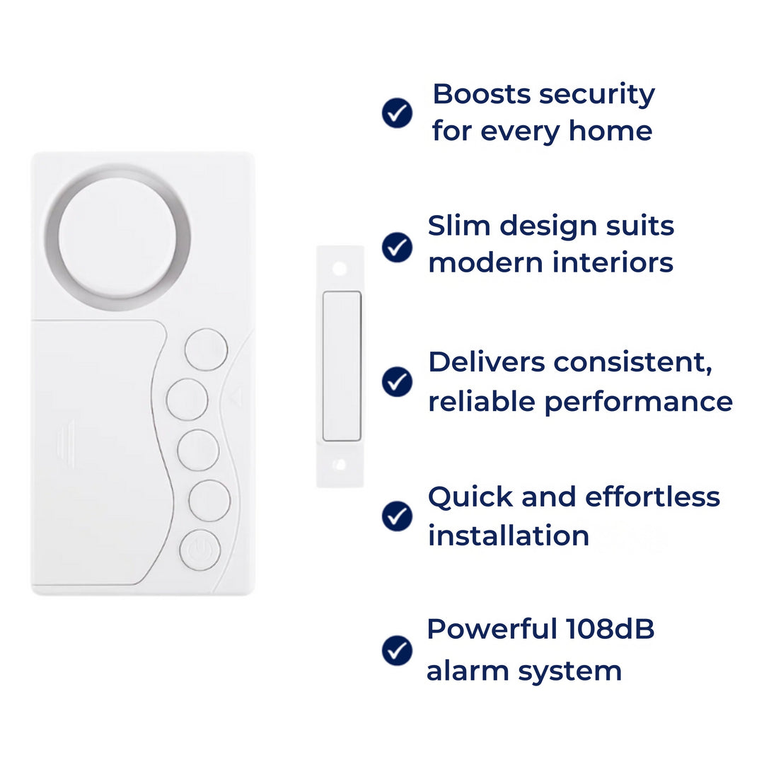 Sofortige alarmmoduser – 108dB høy lyd Slim design – Enkel installasjon – Beskytter barn & hus sikkerhet Skanto