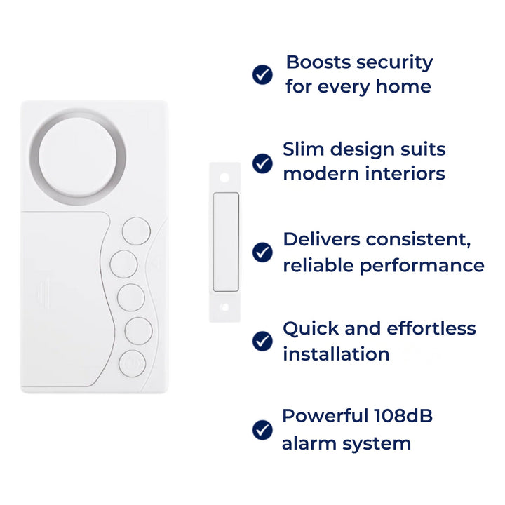 Sofortige alarmmoduser – 108dB høy lyd Slim design – Enkel installasjon – Beskytter barn & hus sikkerhet Skanto