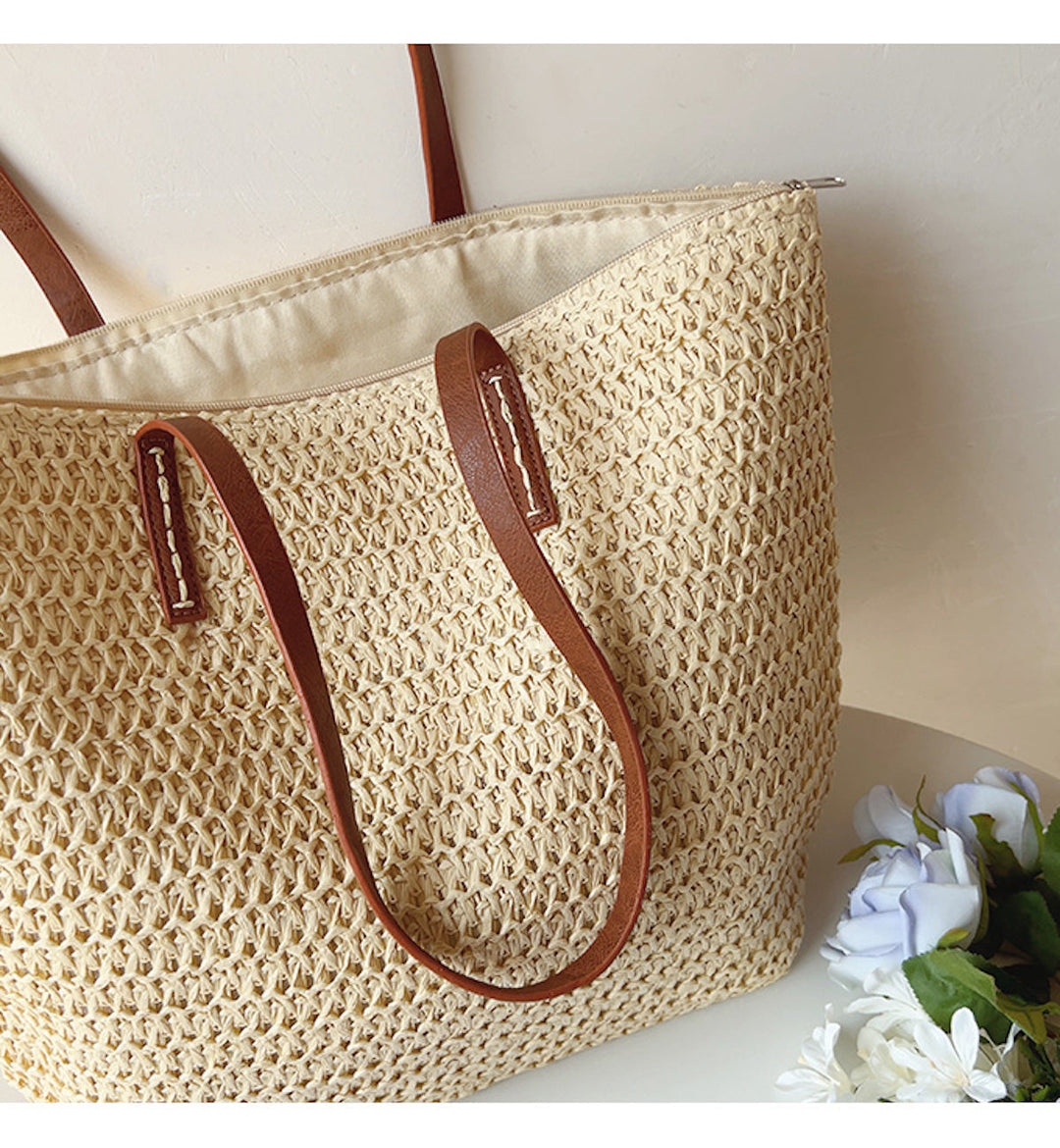 Skanto | Rattan Vevd Bag med Lærremmer - SummerBreeze Tote