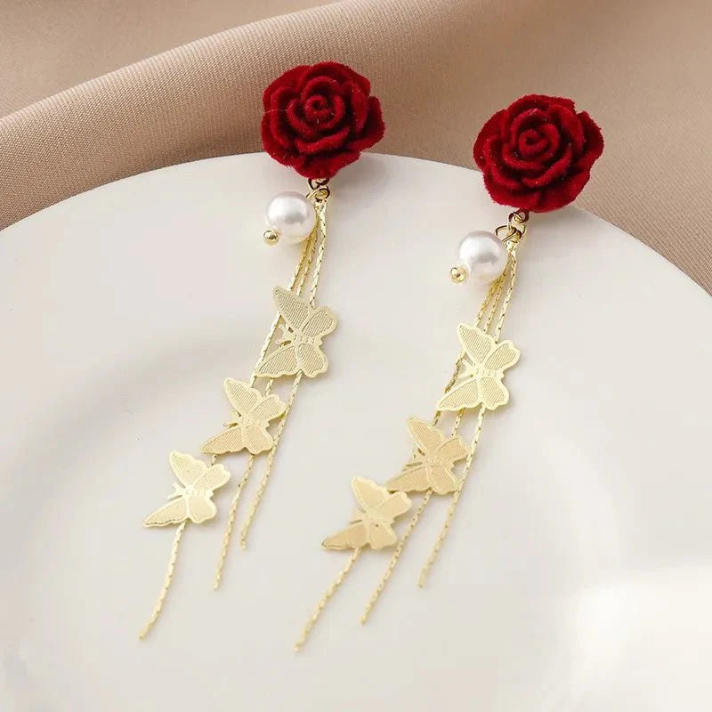 Skanto | Romantic Rose Pearl Butterfly Dangle Earrings