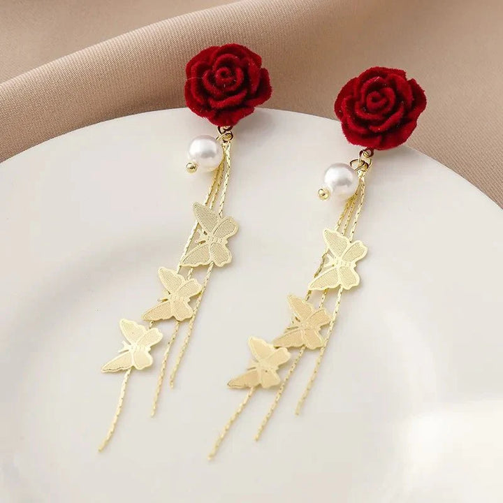 Skanto | Romantic Rose Pearl Butterfly Dangle Earrings