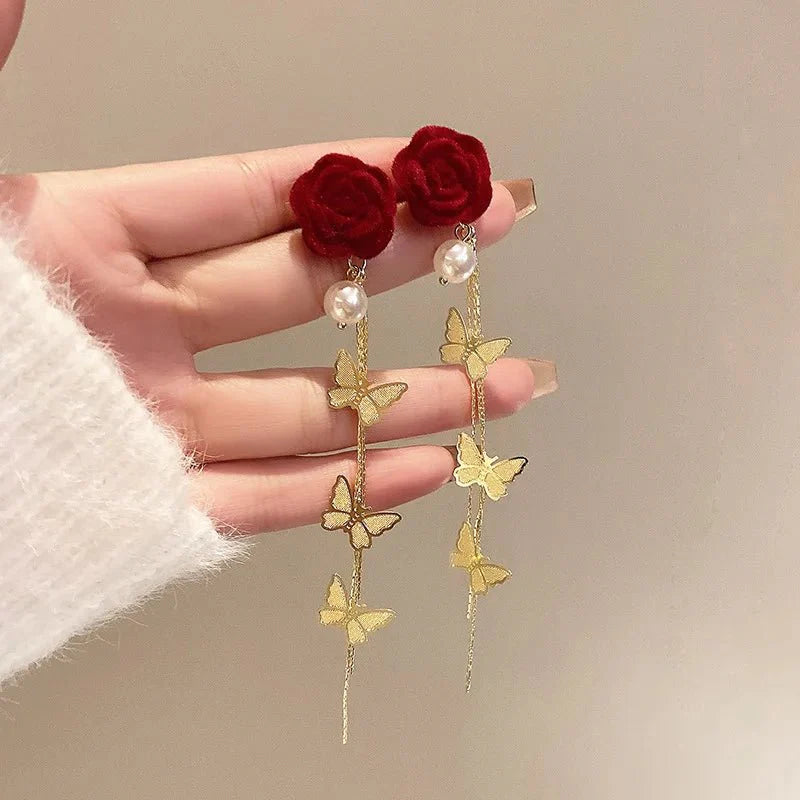 Skanto | Romantic Rose Pearl Butterfly Dangle Earrings