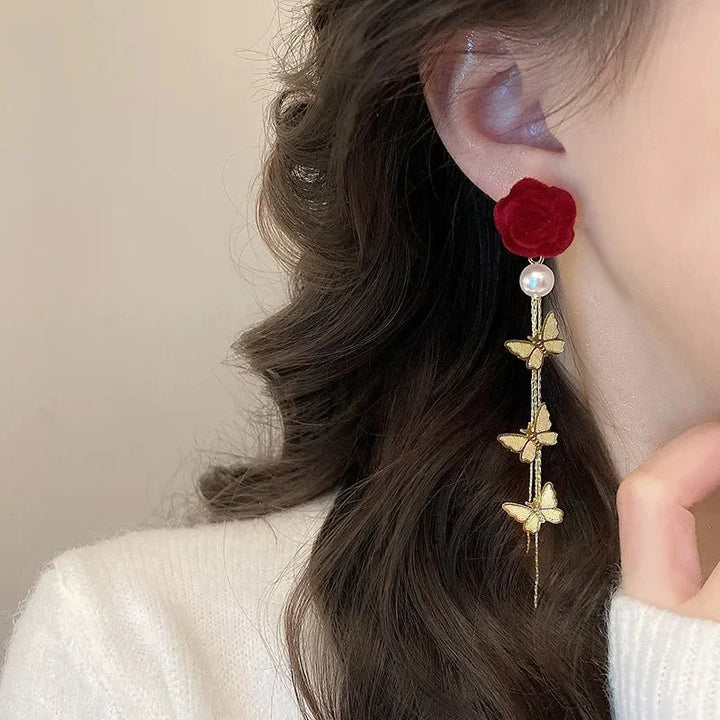Skanto | Romantic Rose Pearl Butterfly Dangle Earrings