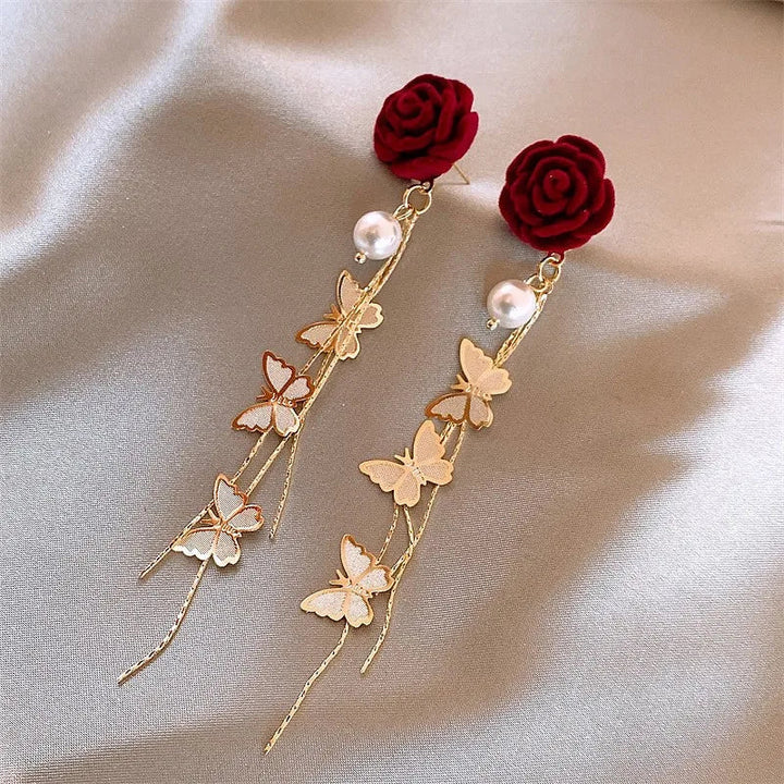 Skanto | Romantic Rose Pearl Butterfly Dangle Earrings