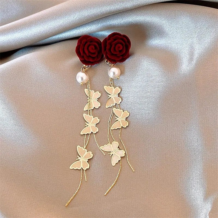 Skanto | Romantic Rose Pearl Butterfly Dangle Earrings