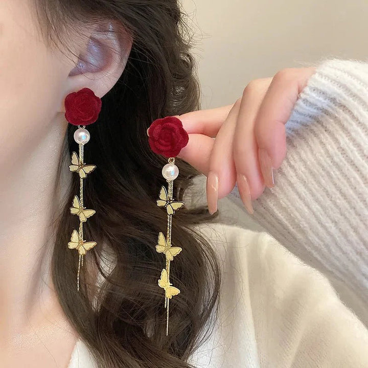 Skanto | Romantic Rose Pearl Butterfly Dangle Earrings