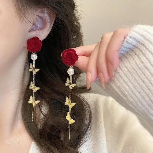 Skanto | Romantic Rose Pearl Butterfly Dangle Earrings