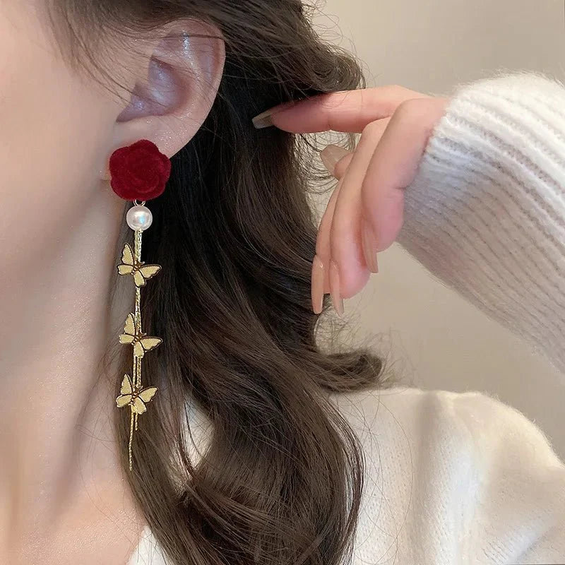 Skanto | Romantic Rose Pearl Butterfly Dangle Earrings